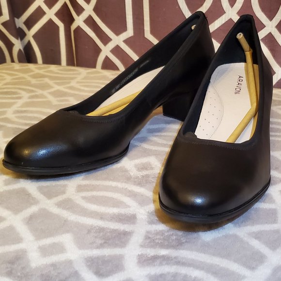 Aravon Womens Black Pumps 11 US Career Dress Leather Block Heel Slip On Shoes - Picture 3 of 14